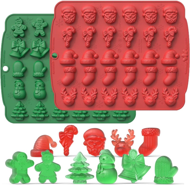 VICDUEKG 2 Pcs Christmas Chocolate Molds Silicone, Gingerbread Man Baking Mold Christmas Tree Socks Snowman Cake Fondant Molds for Cake Jello Candy Cupcake Topper Xmas Party Decoration - Image 1
